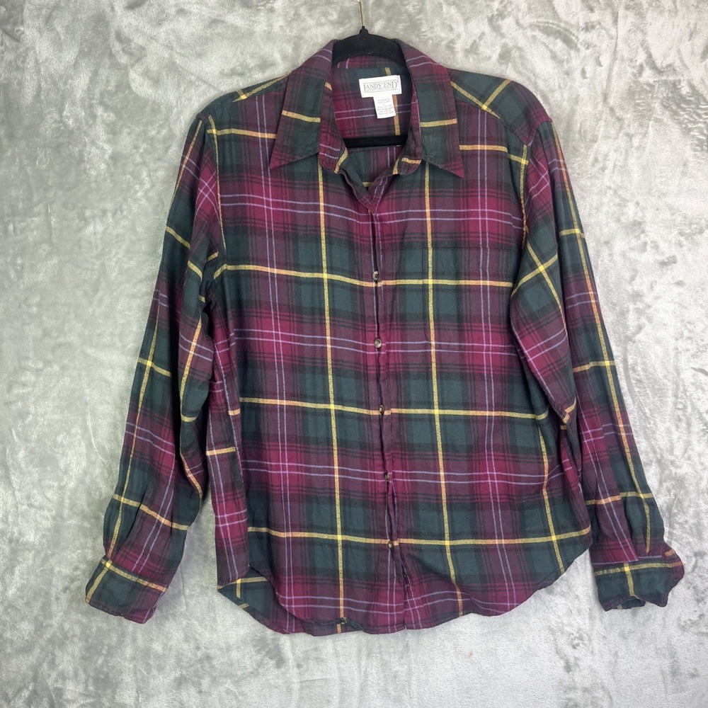 Lands End Tartan Burgundy‎ Green Womens Flannel 90s Vintage Size Large Cotton